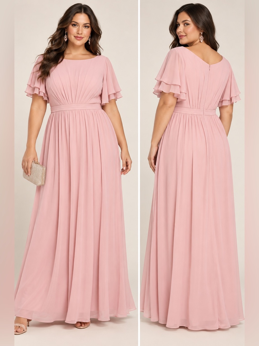 Blush Pink Plus Size Flutter Sleeve Maxi Dress 16W Formal Wedding